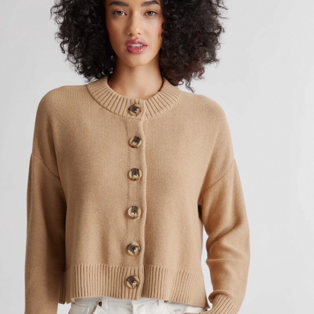 Quince 100% Organic Cotton Cropped Cardigan Camel S Shaker Stitch Button Front